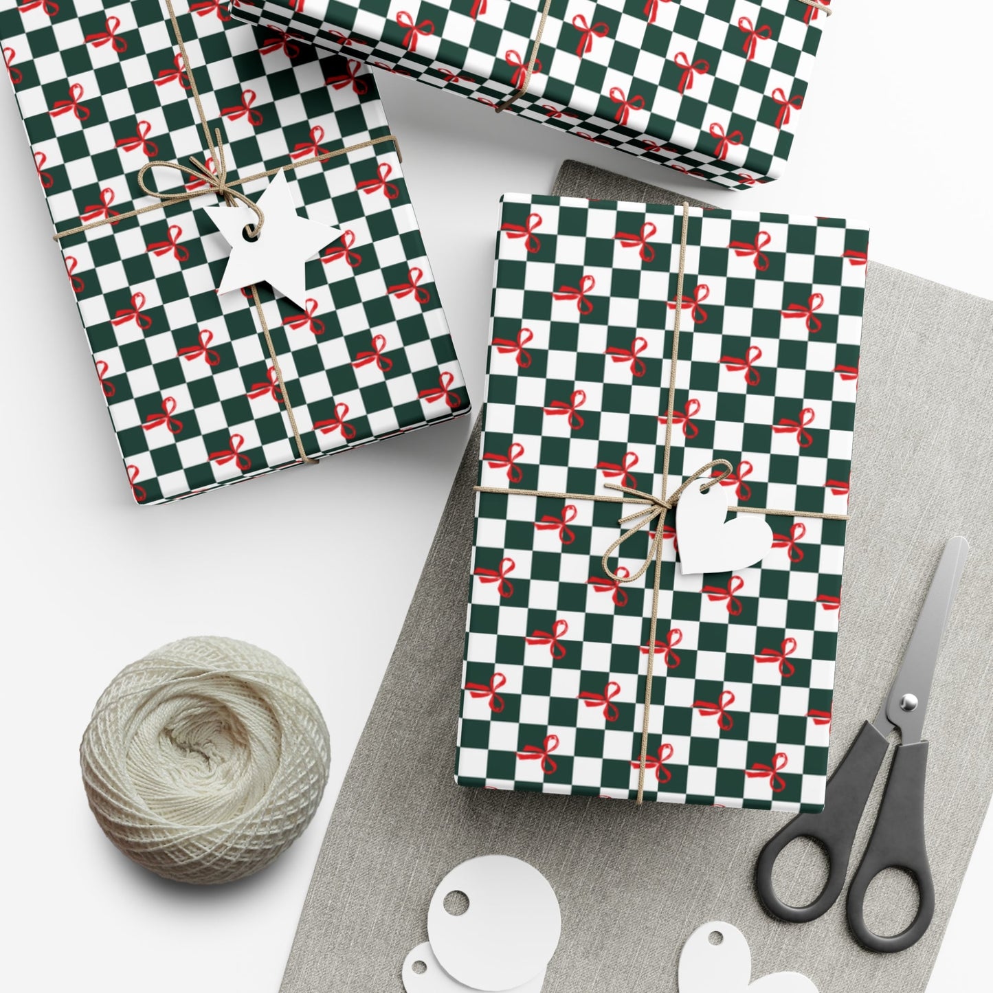 Green Checkered Red Bows Gift Wrap Papers - miles to shore
