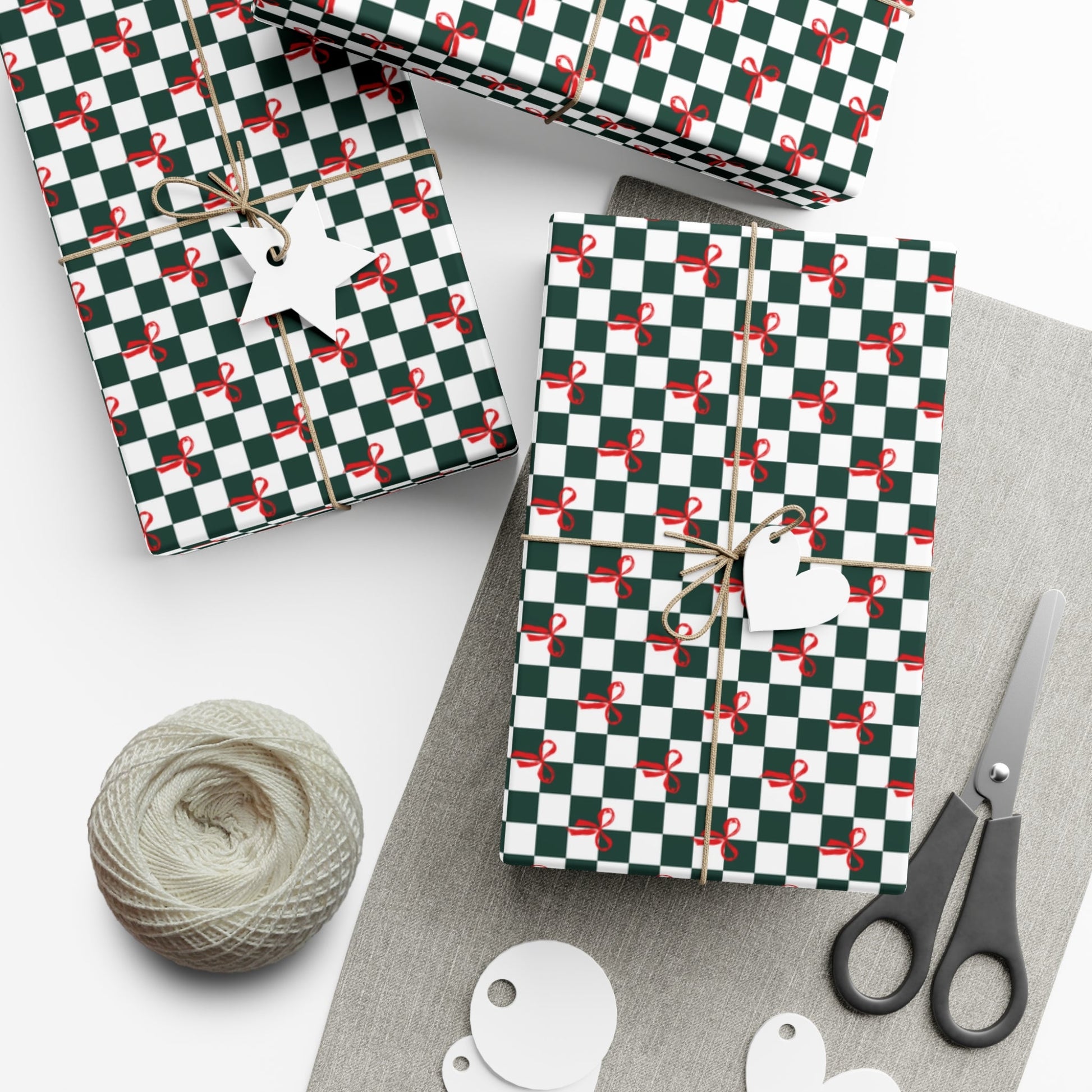 Green Checkered Red Bows Gift Wrap Papers - miles to shore
