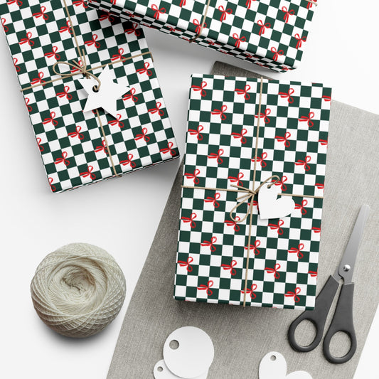 Green Checkered Red Bows Gift Wrap Papers - miles to shore