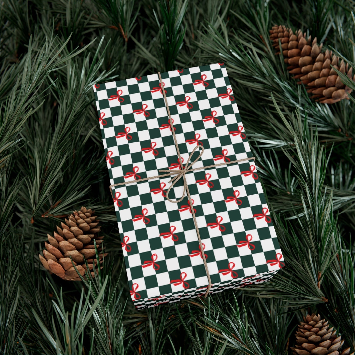 Green Checkered Red Bows Gift Wrap Papers - miles to shore