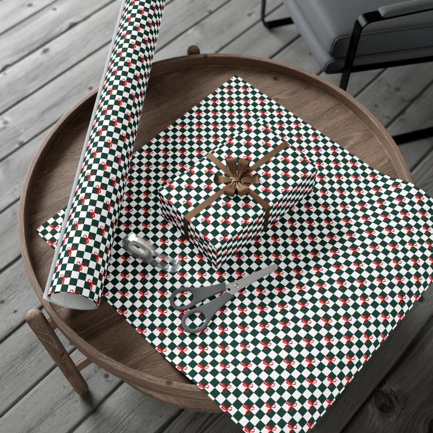 Green Checkered Red Bows Gift Wrap Papers - miles to shore