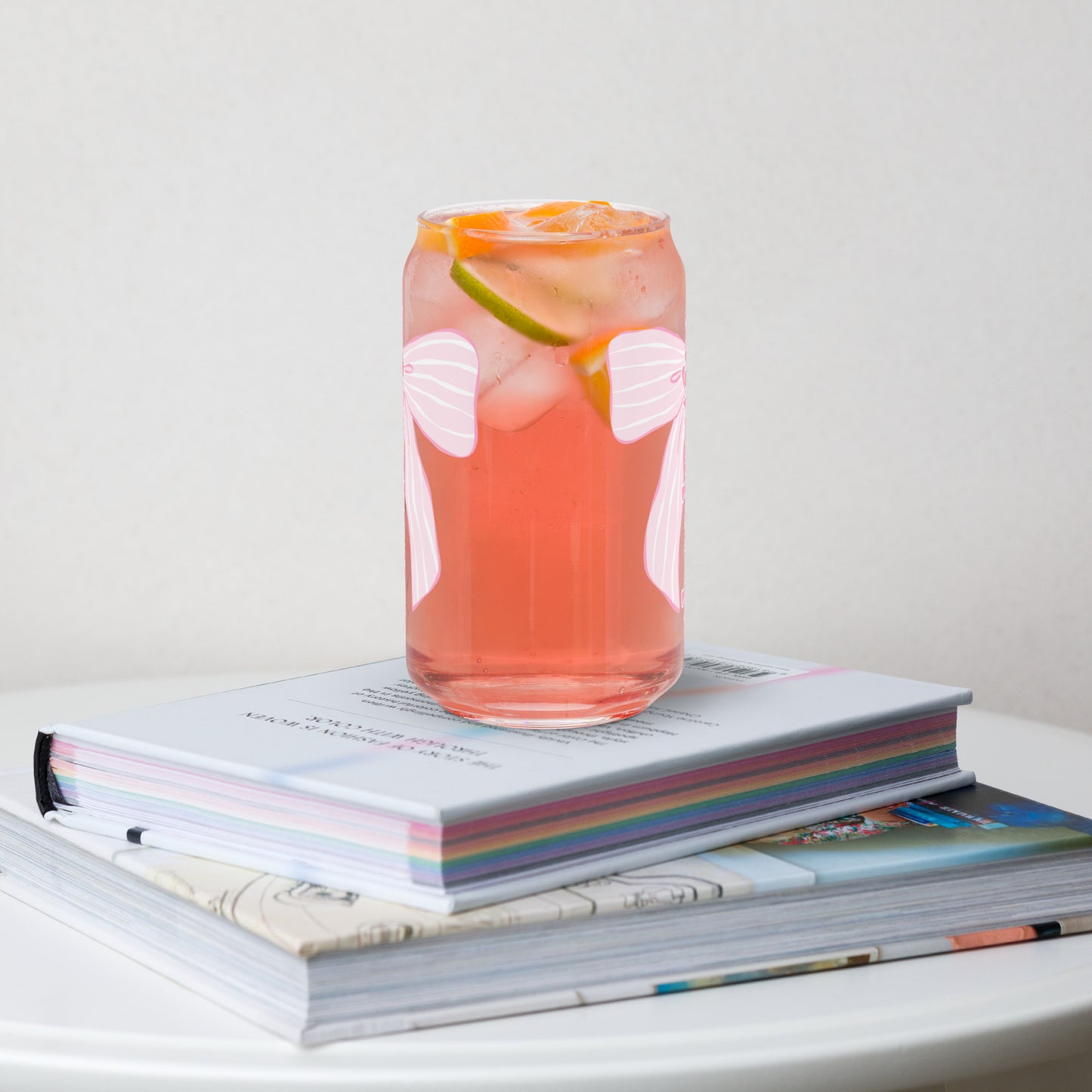 Charleston SC Pink Stripes Bow Glass Can - miles to shore