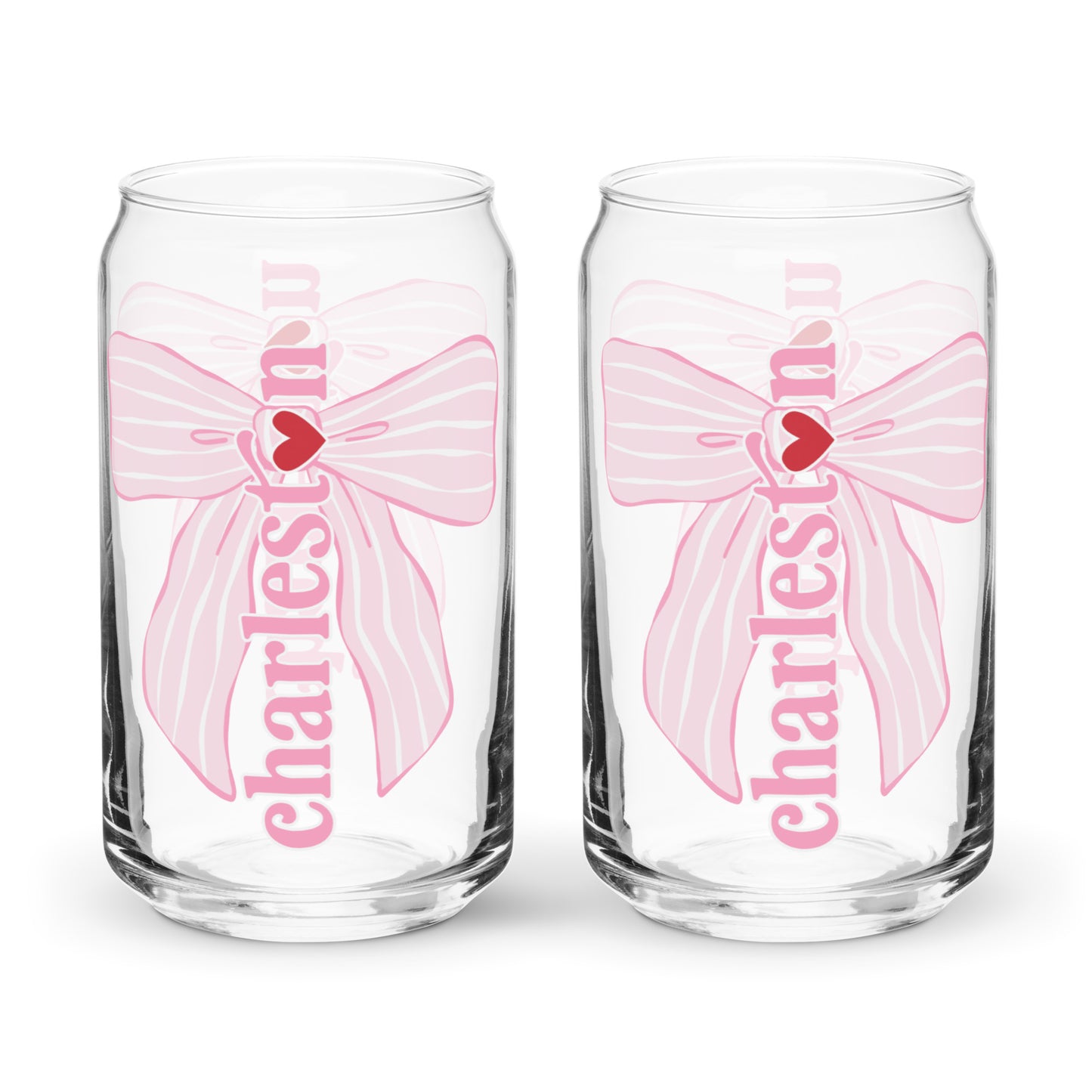Charleston SC Pink Stripes Bow Glass Can - miles to shore