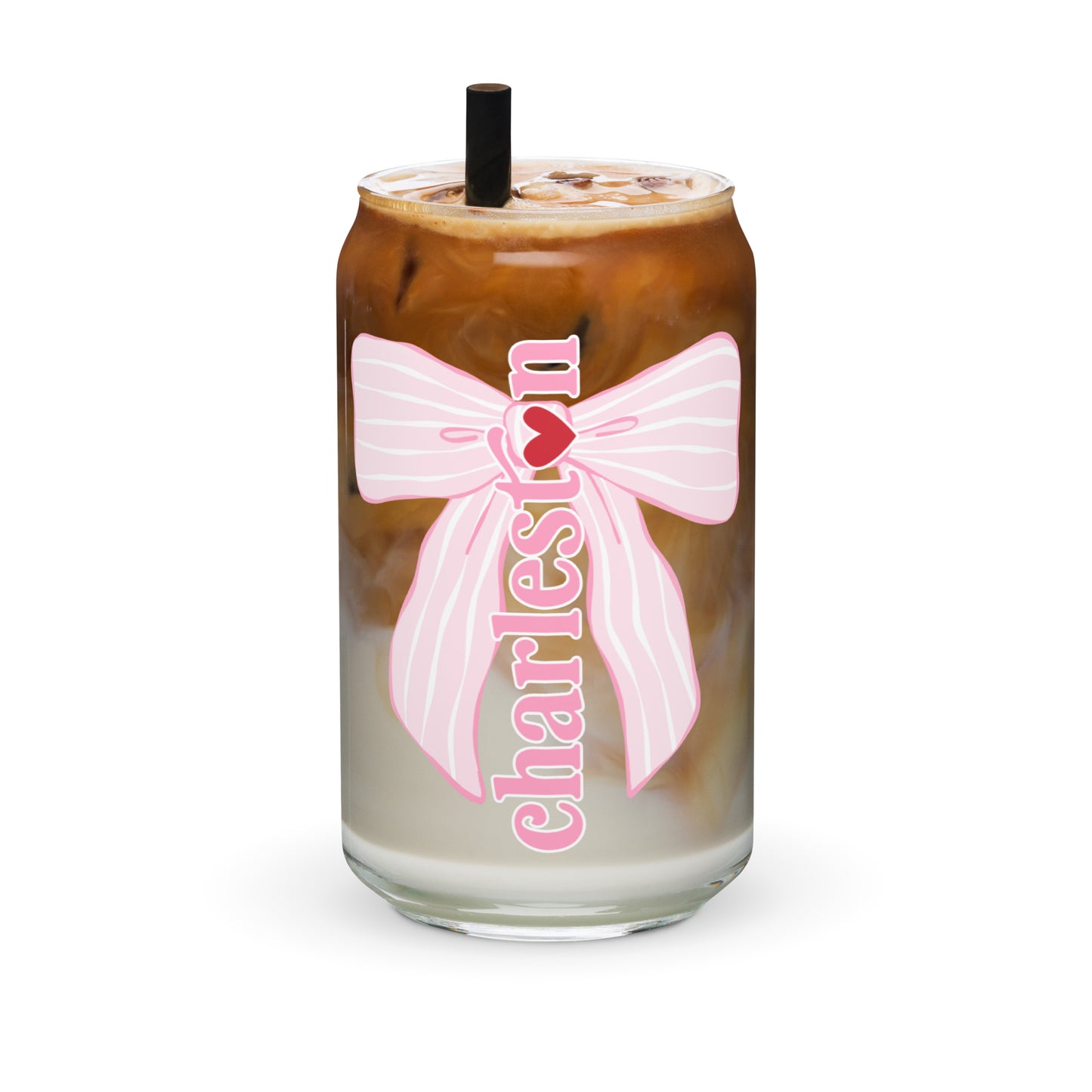 Charleston SC Pink Stripes Bow Glass Can - miles to shore