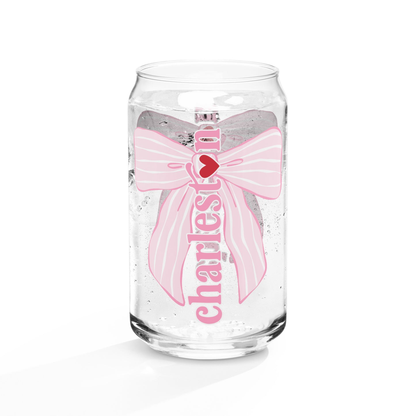 Charleston SC Pink Stripes Bow Glass Can - miles to shore