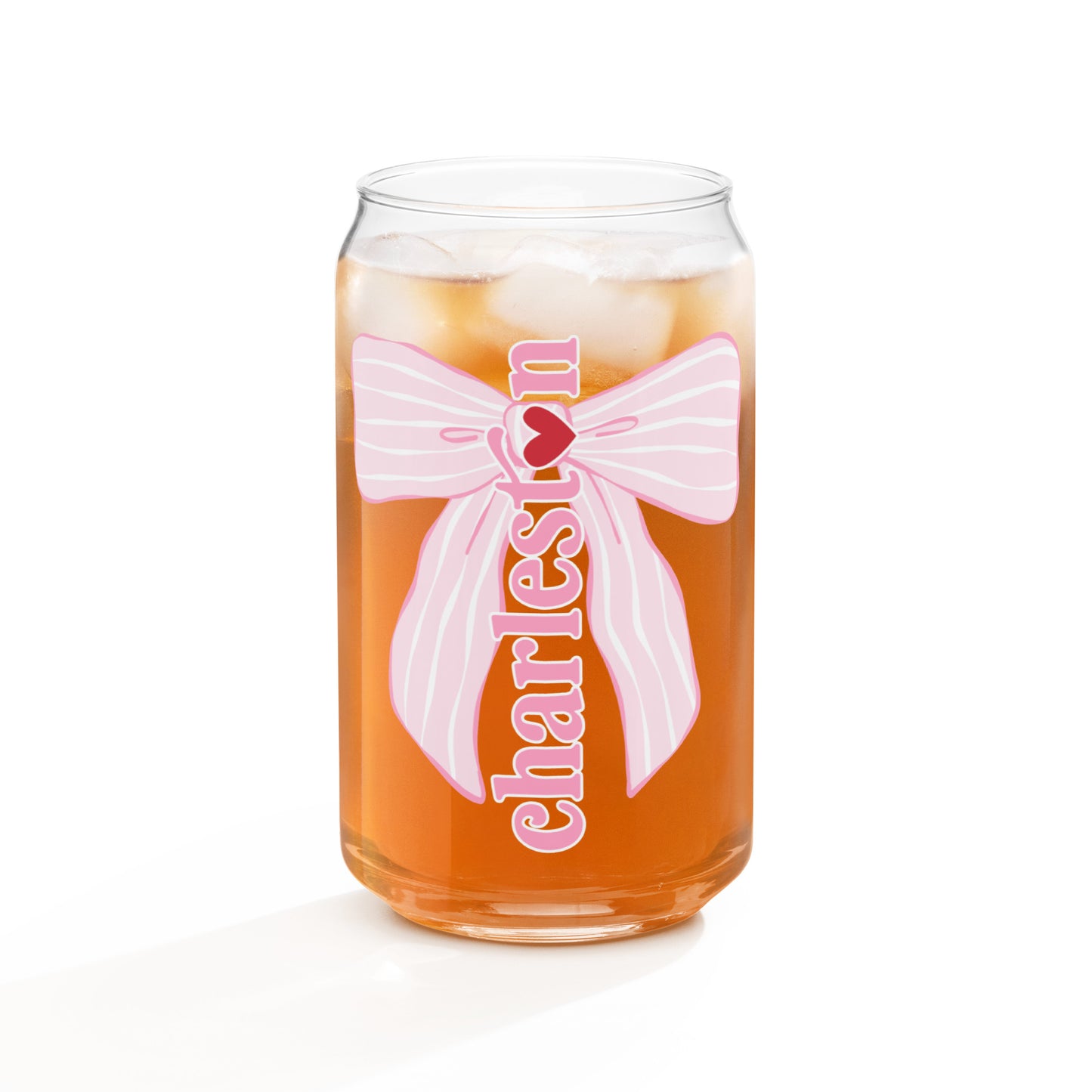 Charleston SC Pink Stripes Bow Glass Can - miles to shore