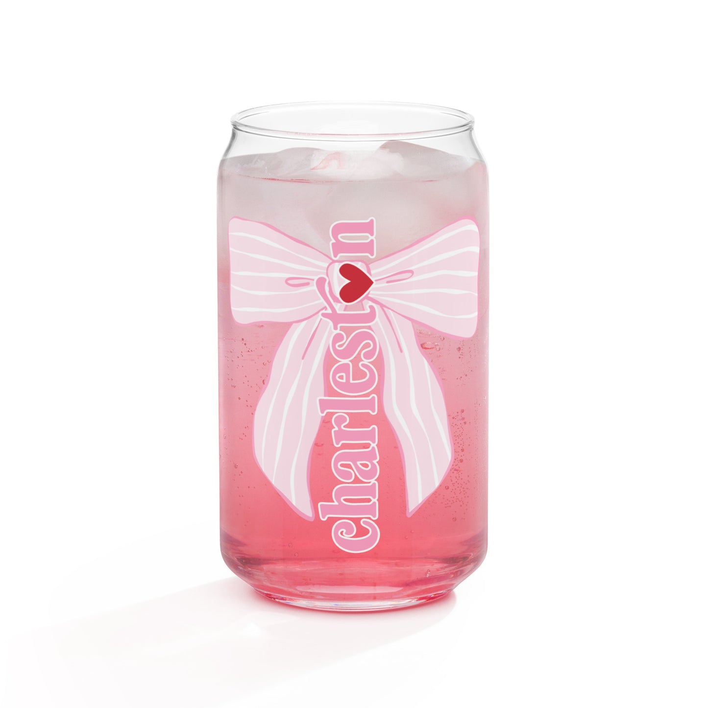 Charleston SC Pink Stripes Bow Glass Can - miles to shore