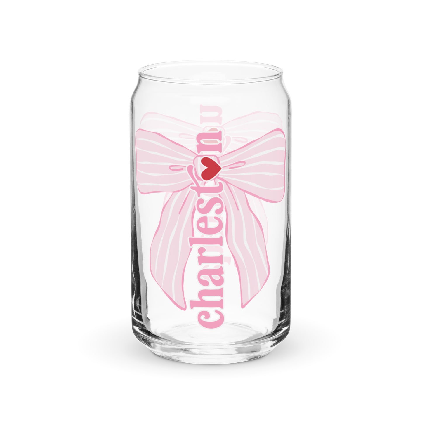 Charleston SC Pink Stripes Bow Glass Can - miles to shore