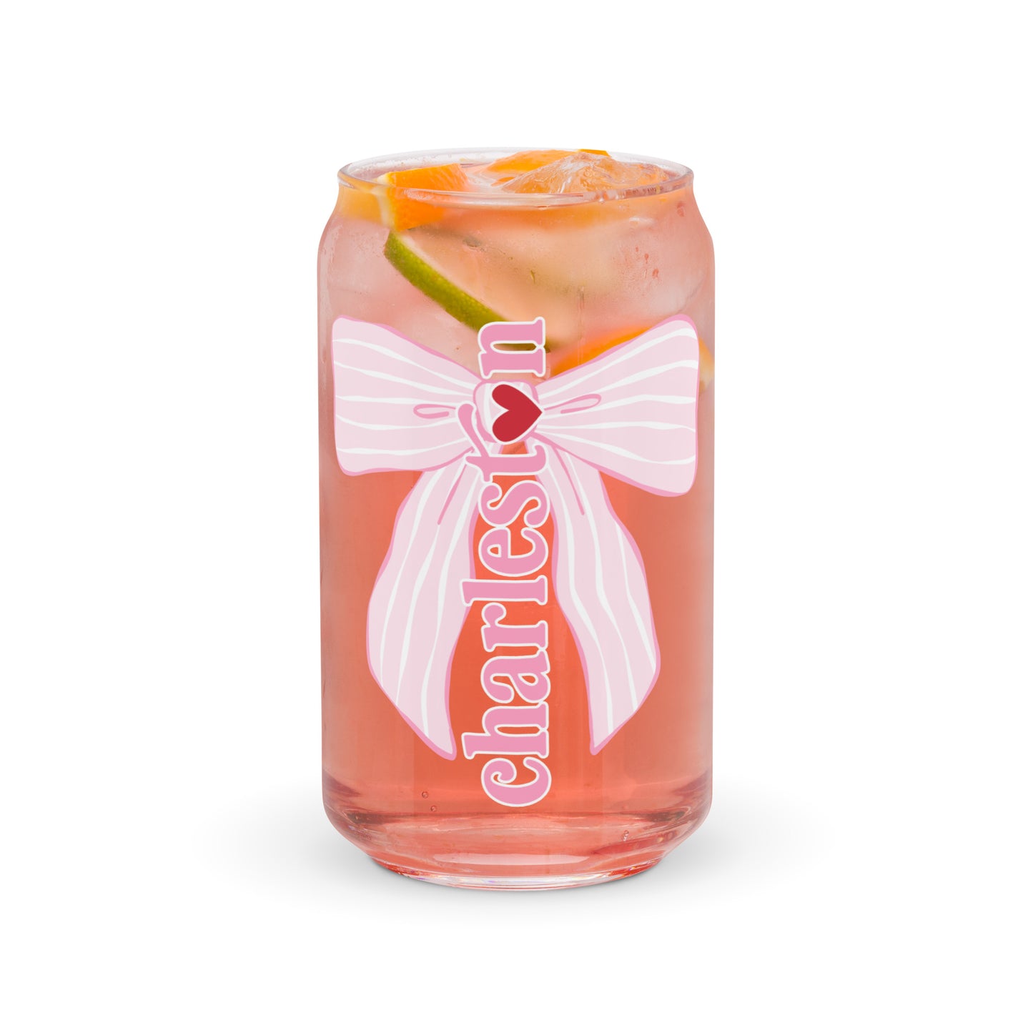 Charleston SC Pink Stripes Bow Glass Can - miles to shore