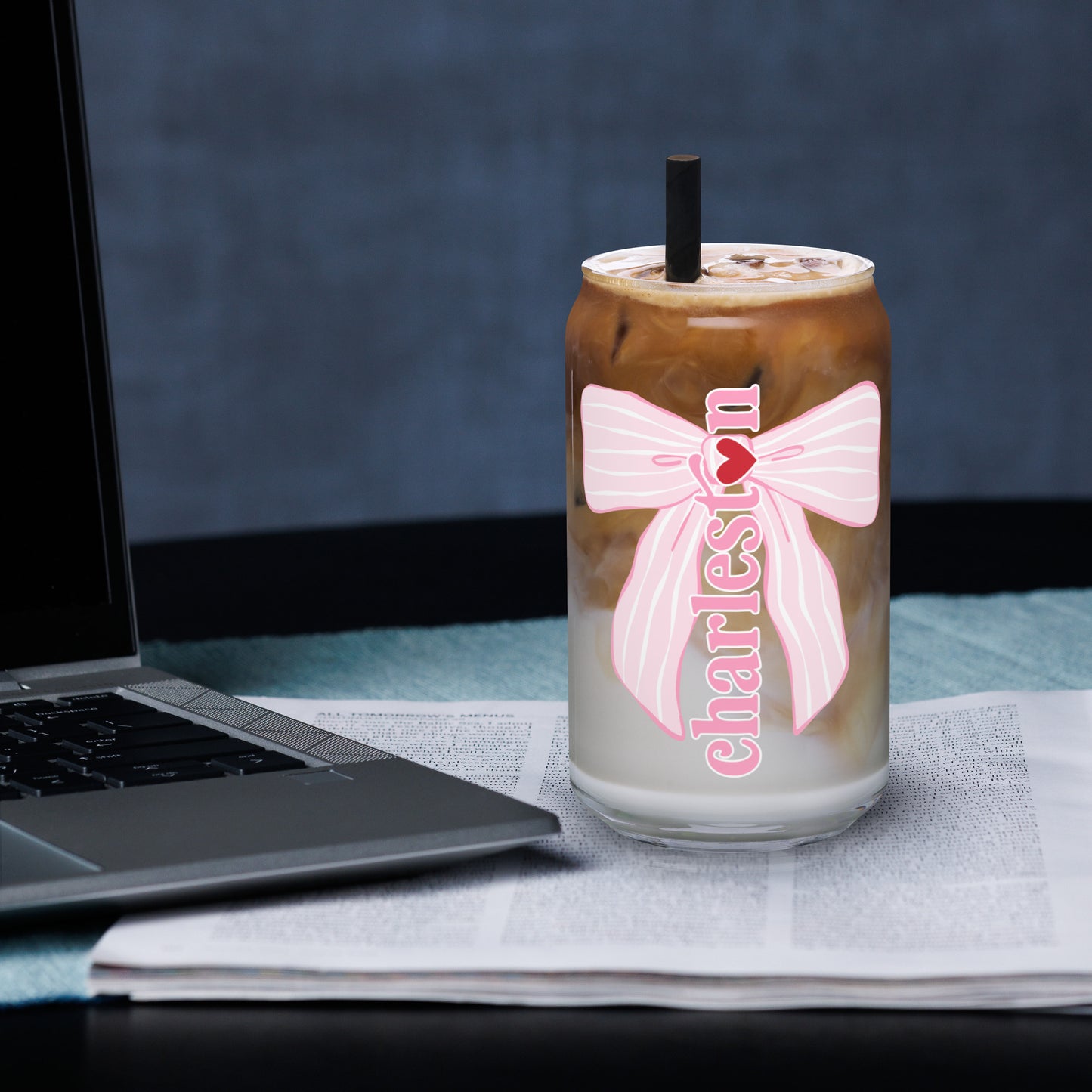 Charleston SC Pink Stripes Bow Glass Can - miles to shore
