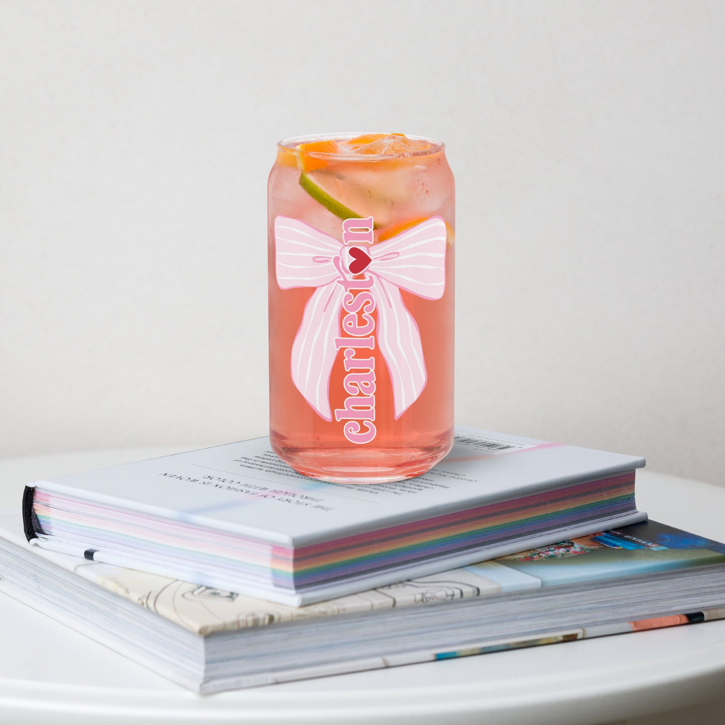 Charleston SC Pink Stripes Bow Glass Can - miles to shore