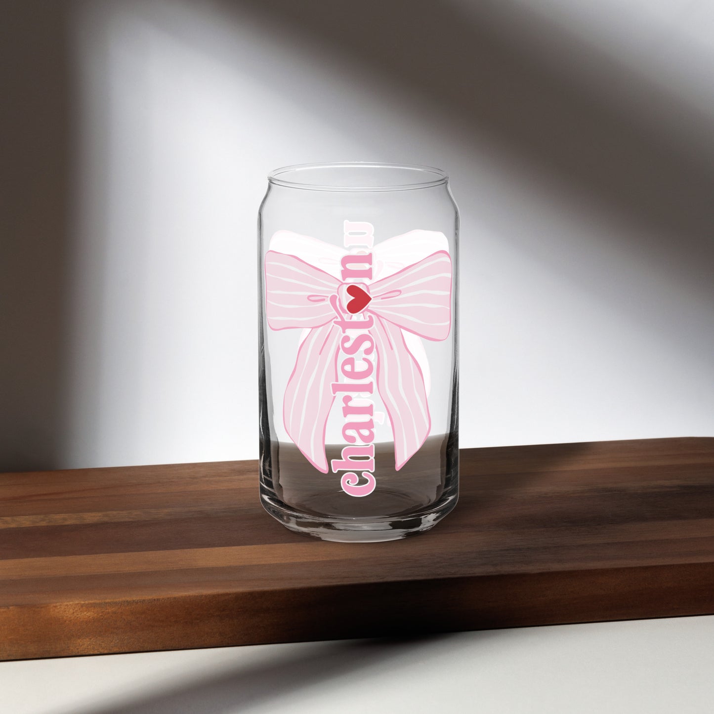 Charleston SC Pink Stripes Bow Glass Can - miles to shore