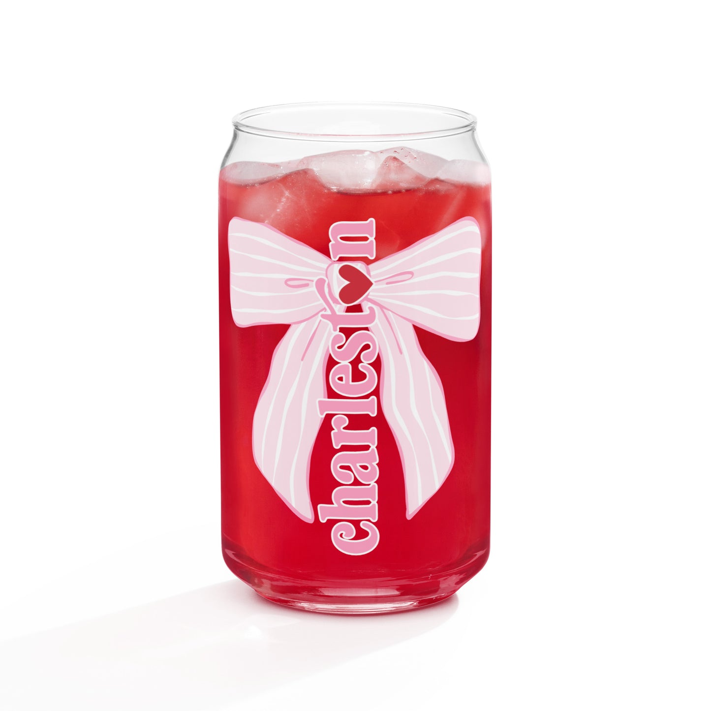 Charleston SC Pink Stripes Bow Glass Can - miles to shore