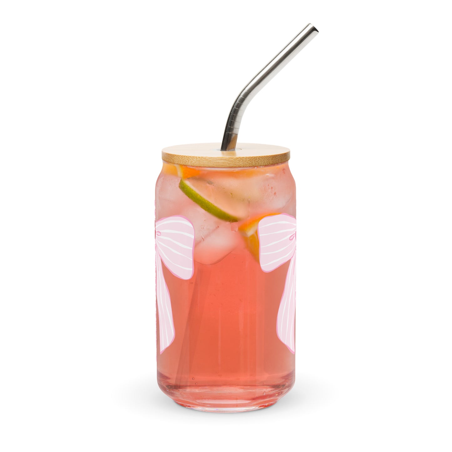 Charleston SC Pink Stripes Bow Glass Can - miles to shore