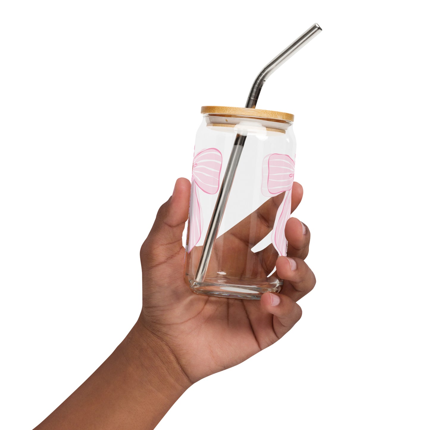 Charleston SC Pink Stripes Bow Glass Can - miles to shore