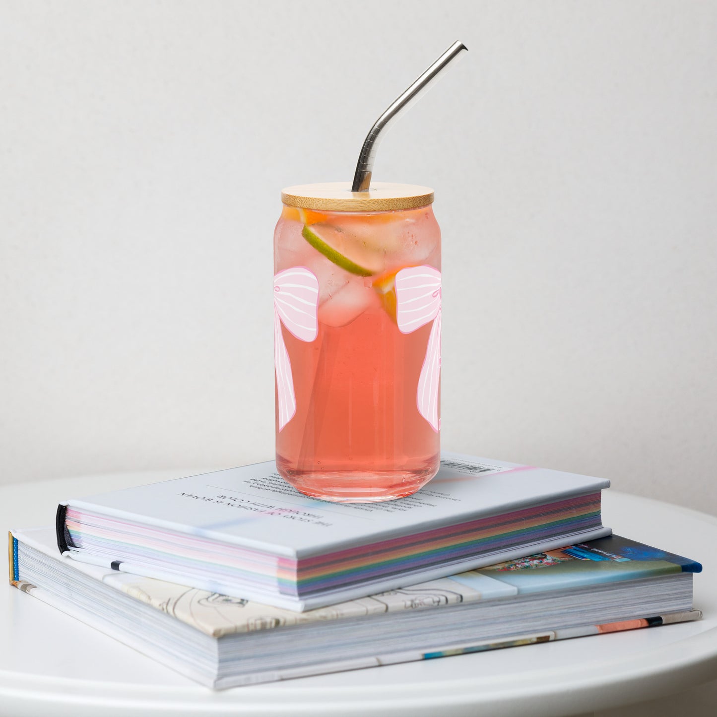 Charleston SC Pink Stripes Bow Glass Can - miles to shore