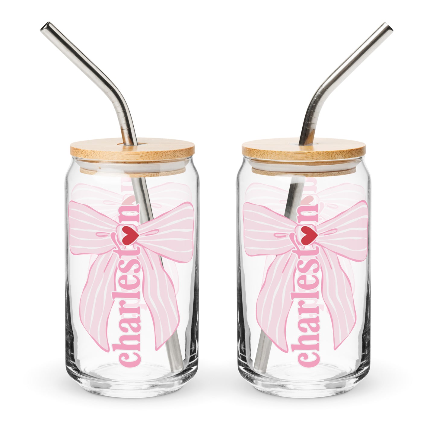 Charleston SC Pink Stripes Bow Glass Can - miles to shore