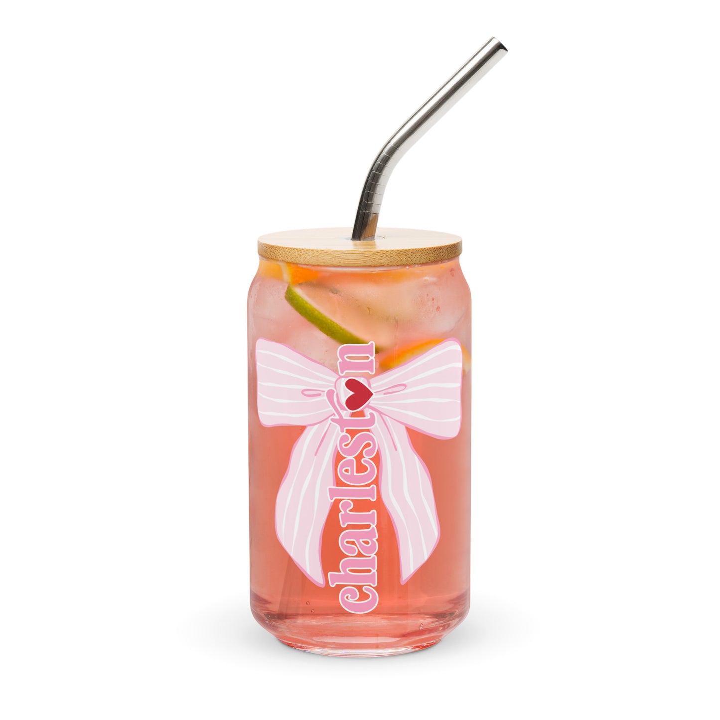 Charleston SC Pink Stripes Bow Glass Can - miles to shore