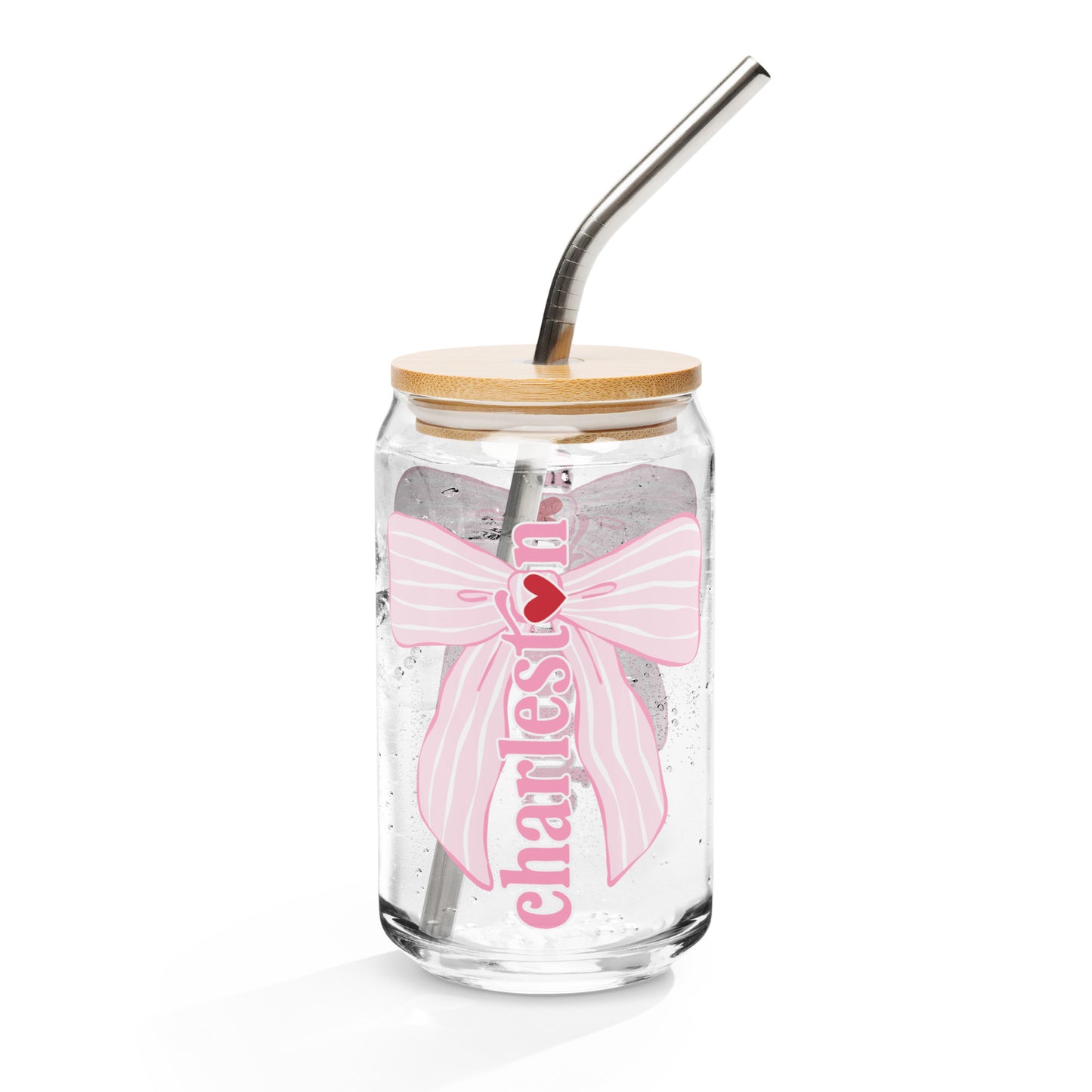 Charleston SC Pink Stripes Bow Glass Can - miles to shore