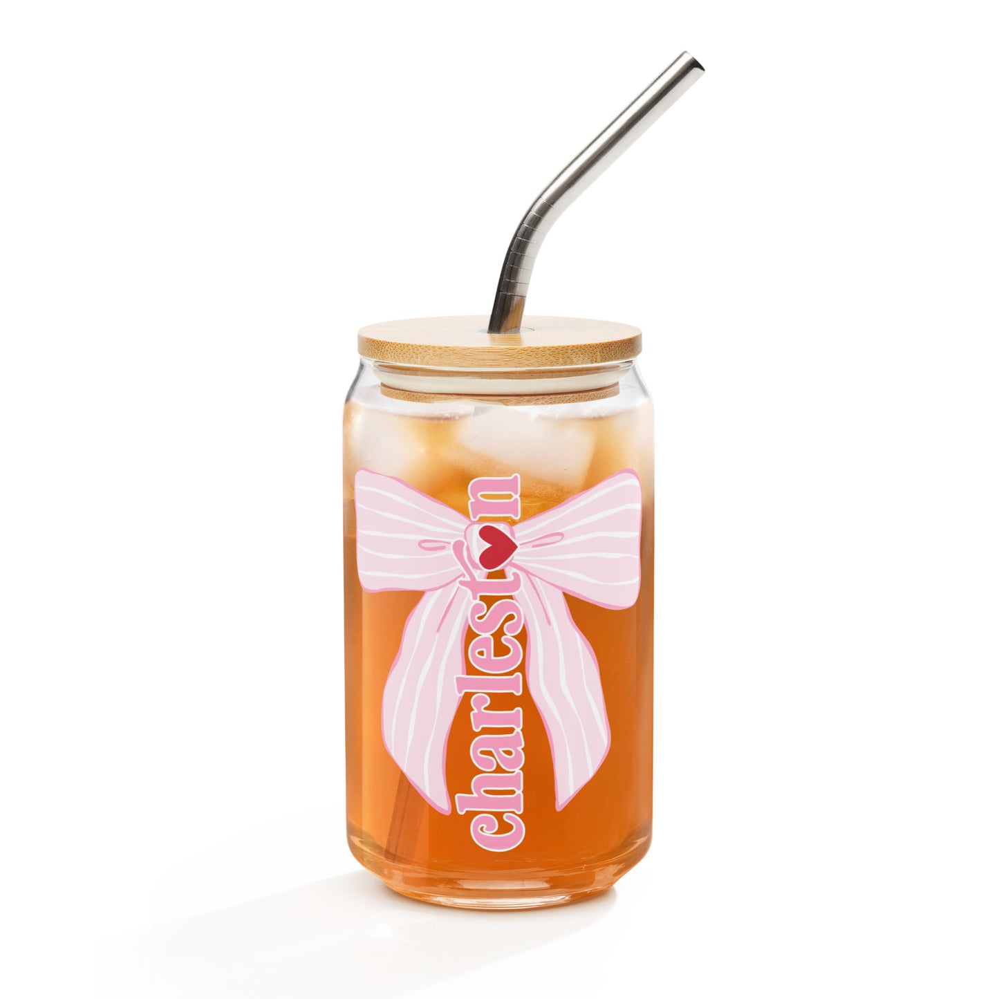 Charleston SC Pink Stripes Bow Glass Can - miles to shore