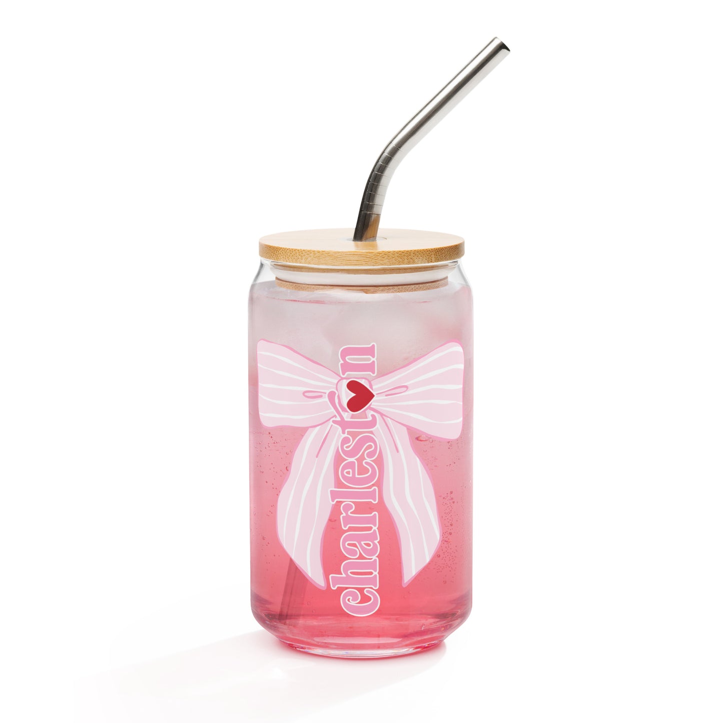 Charleston SC Pink Stripes Bow Glass Can - miles to shore