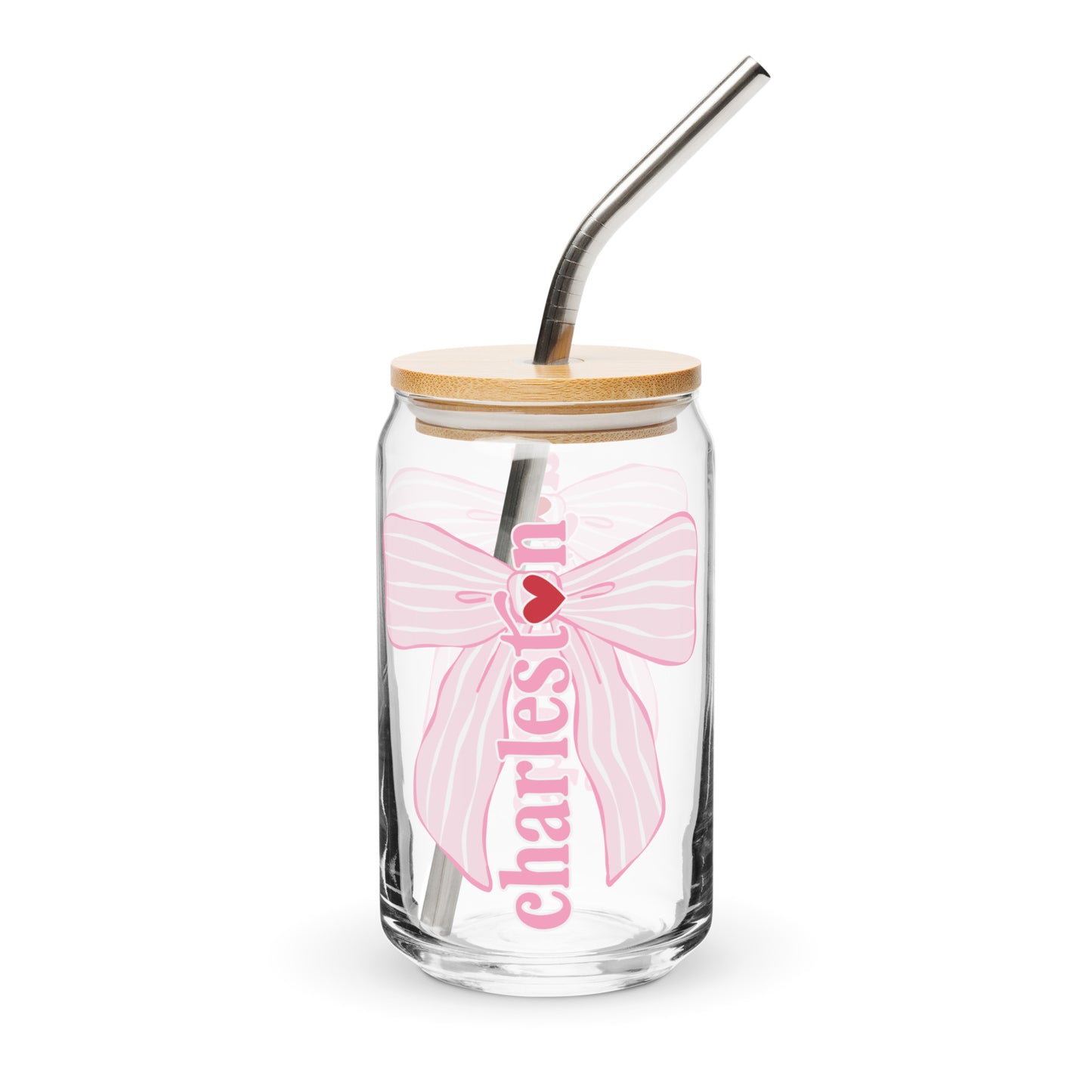 Charleston SC Pink Stripes Bow Glass Can - miles to shore