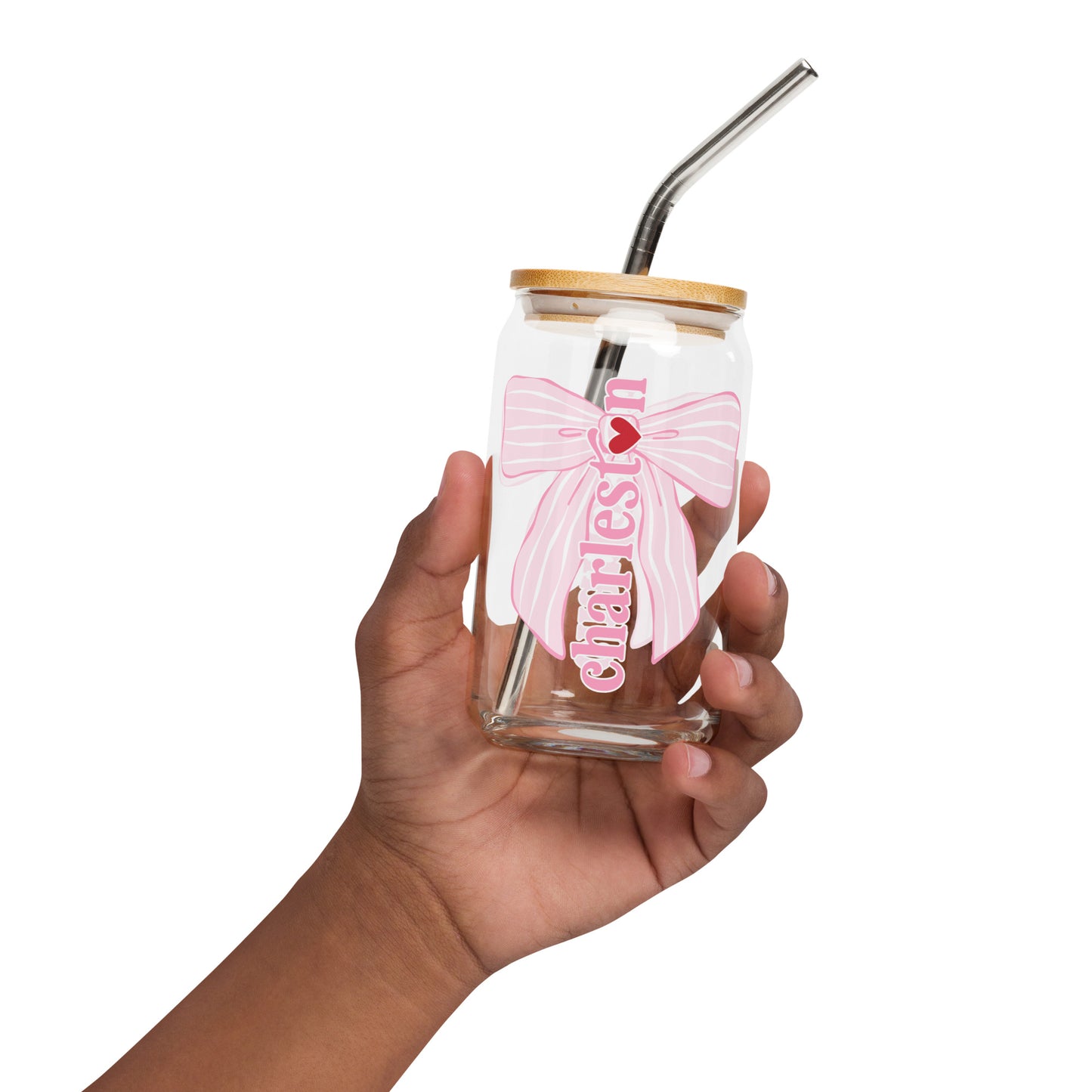 Charleston SC Pink Stripes Bow Glass Can - miles to shore