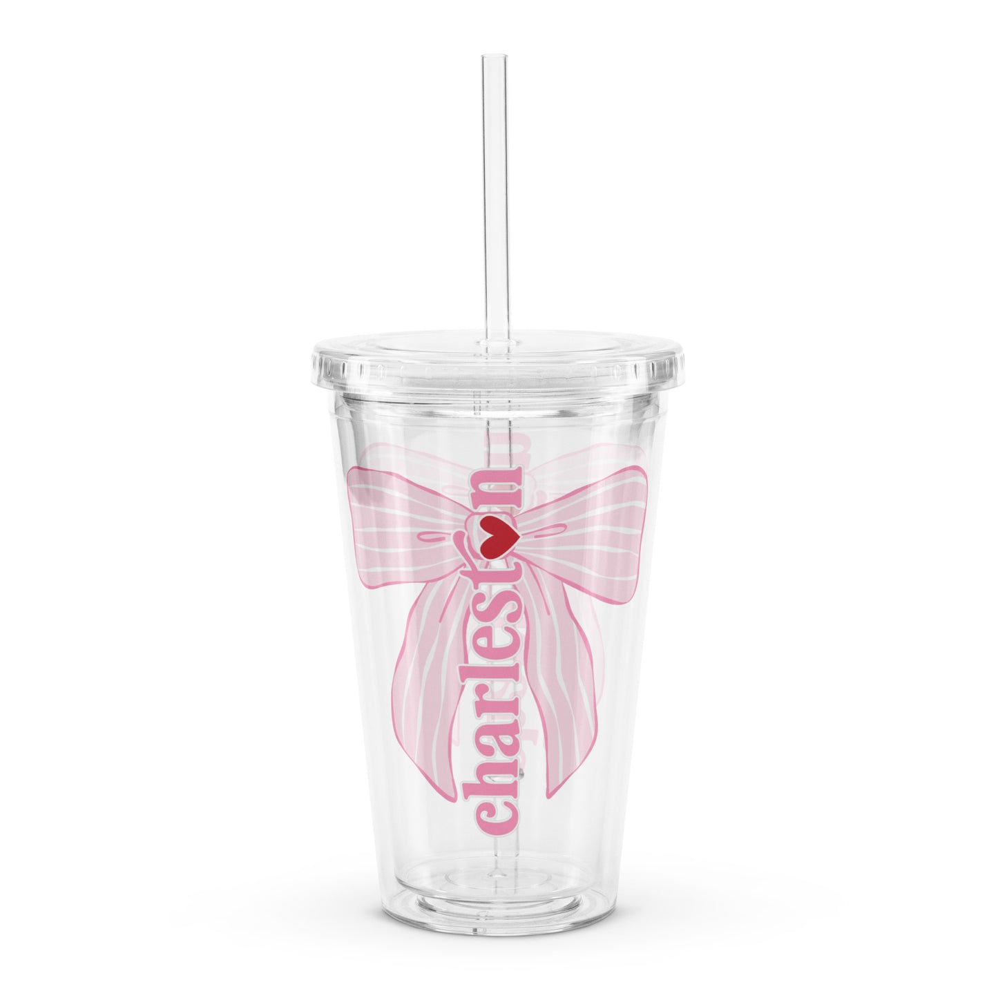 Charleston SC Pink Stripes Bow Clear Plastic Tumbler - miles to shore