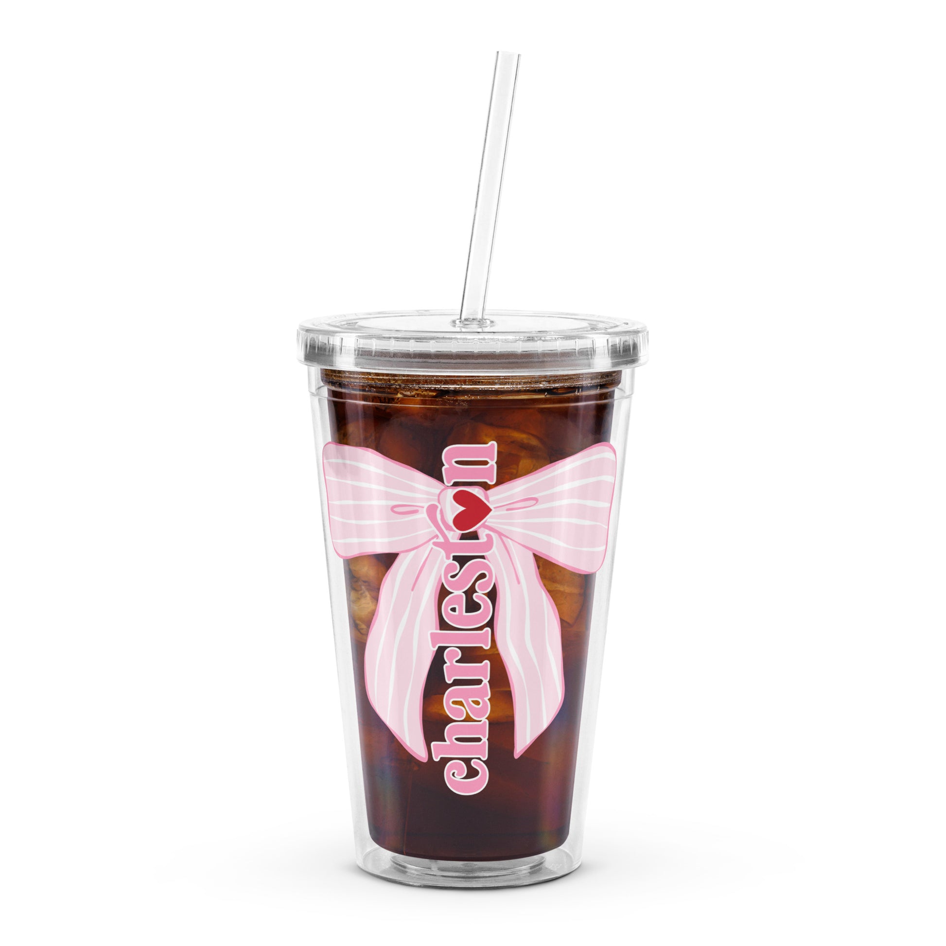 Charleston SC Pink Stripes Bow Clear Plastic Tumbler - miles to shore