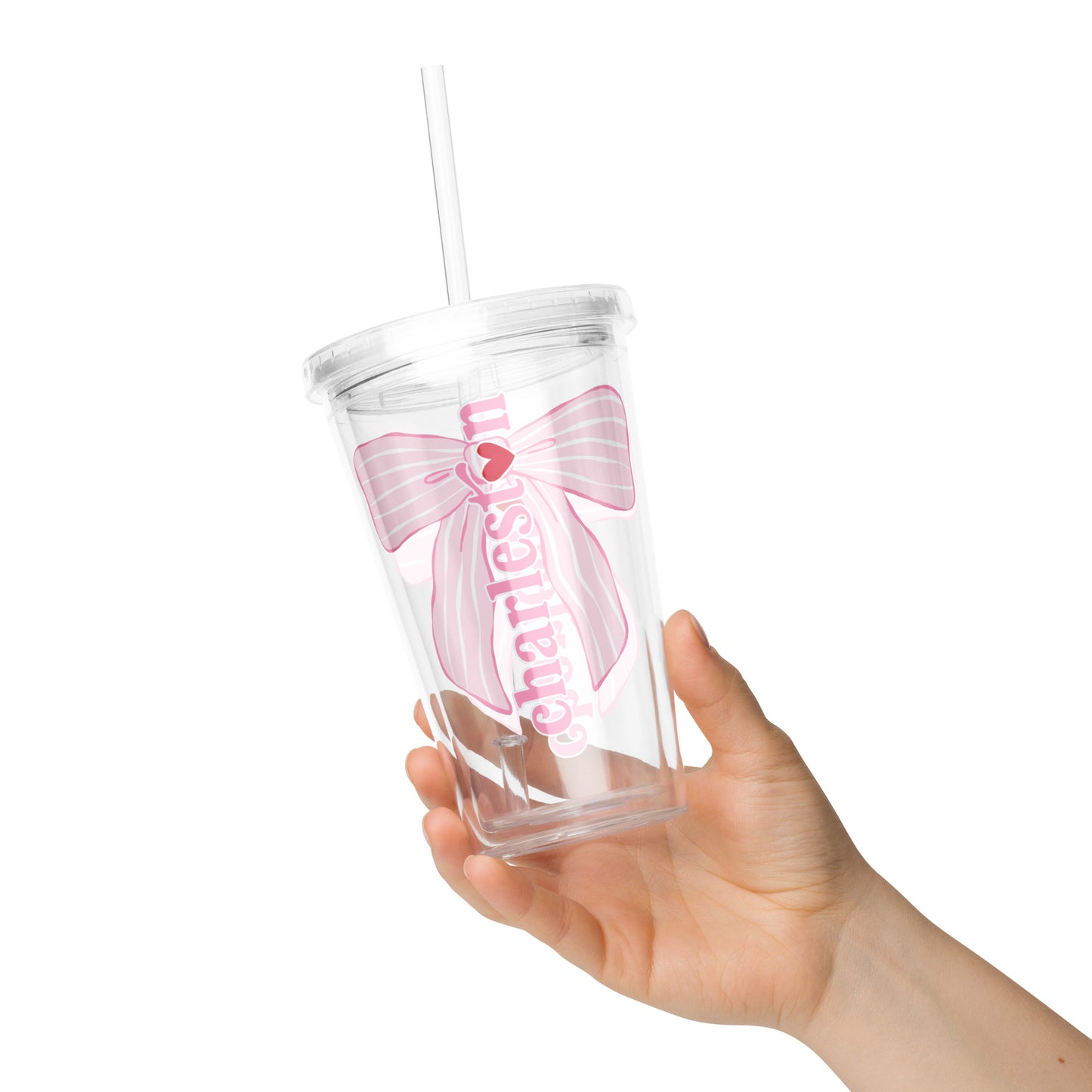 Charleston SC Pink Stripes Bow Clear Plastic Tumbler - miles to shore