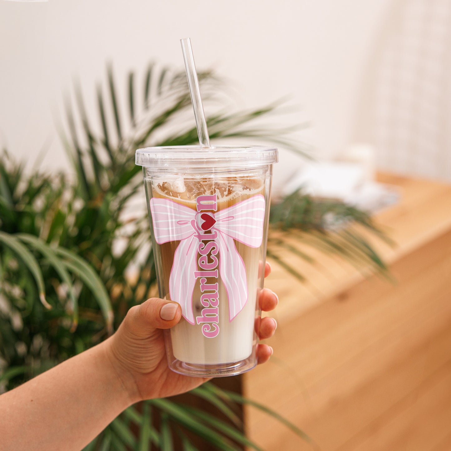 Charleston SC Pink Stripes Bow Clear Plastic Tumbler - miles to shore
