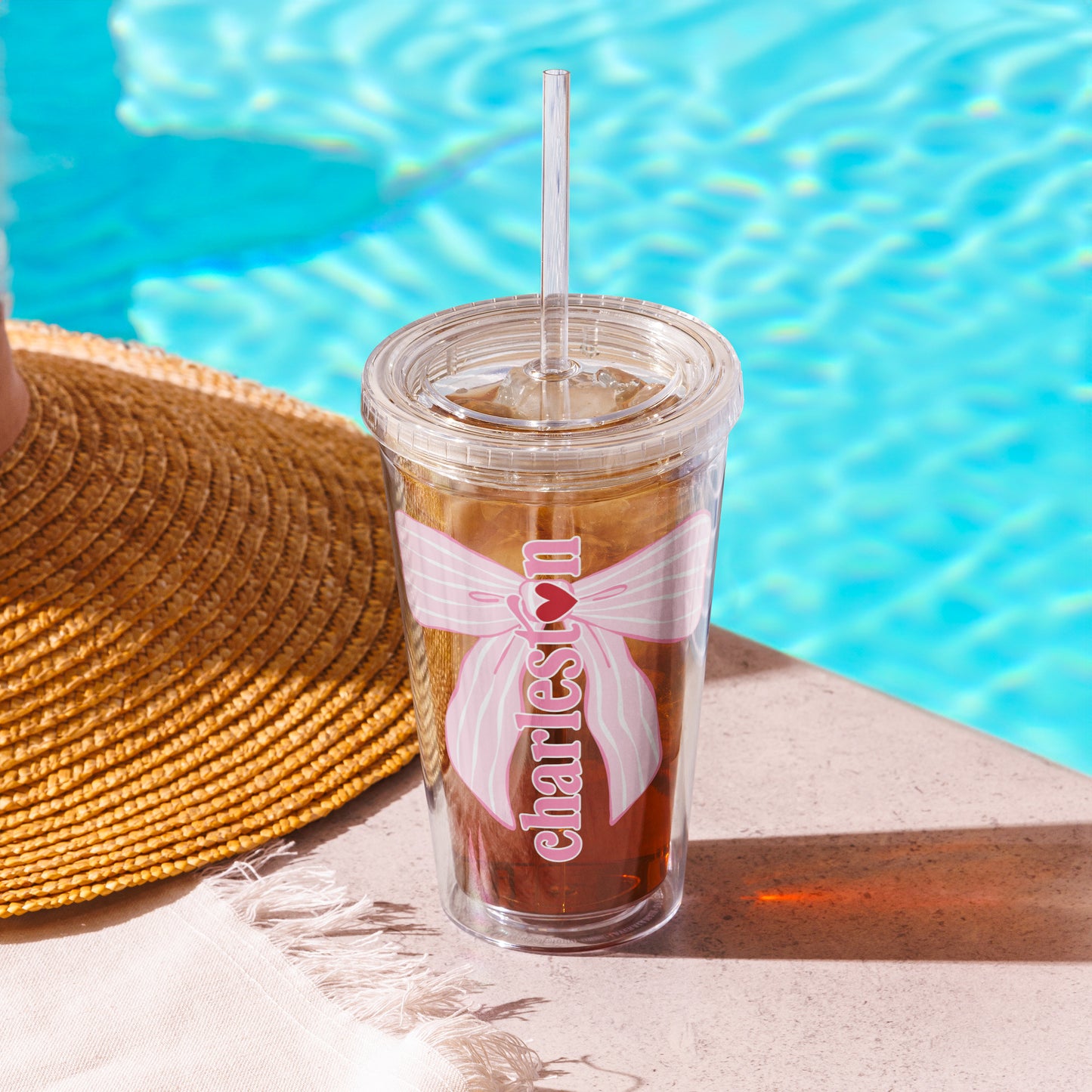 Charleston SC Pink Stripes Bow Clear Plastic Tumbler - miles to shore