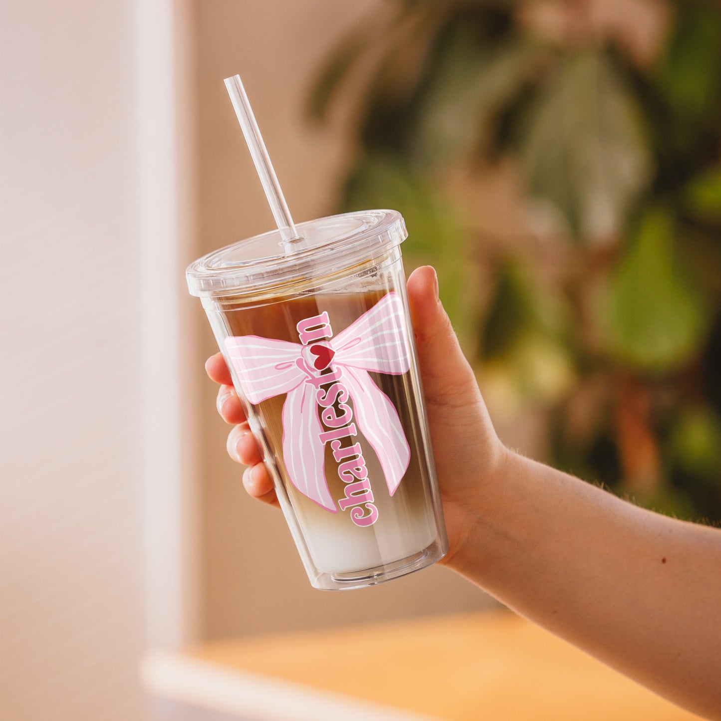 Charleston SC Pink Stripes Bow Clear Plastic Tumbler - miles to shore
