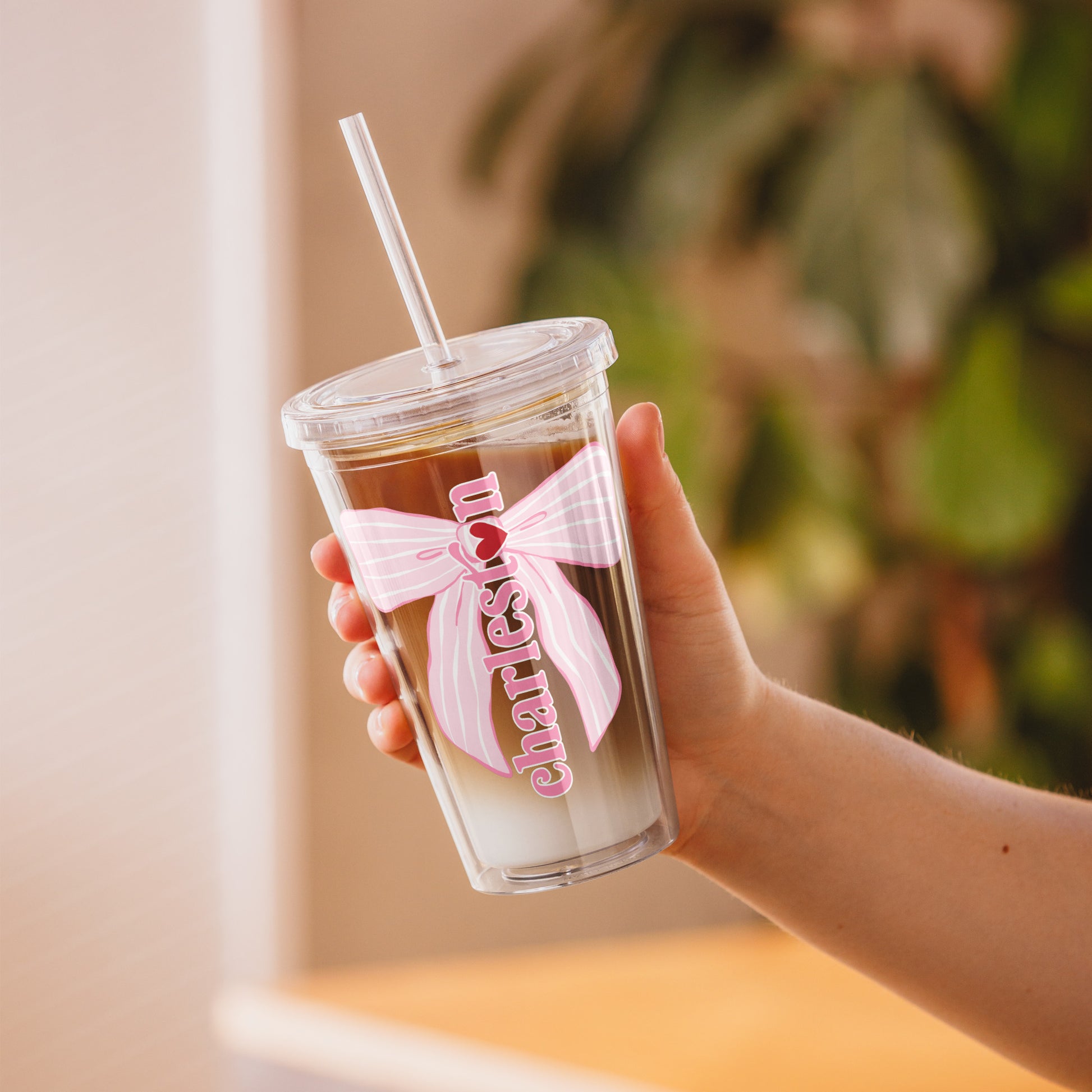 Charleston SC Pink Stripes Bow Clear Plastic Tumbler - miles to shore