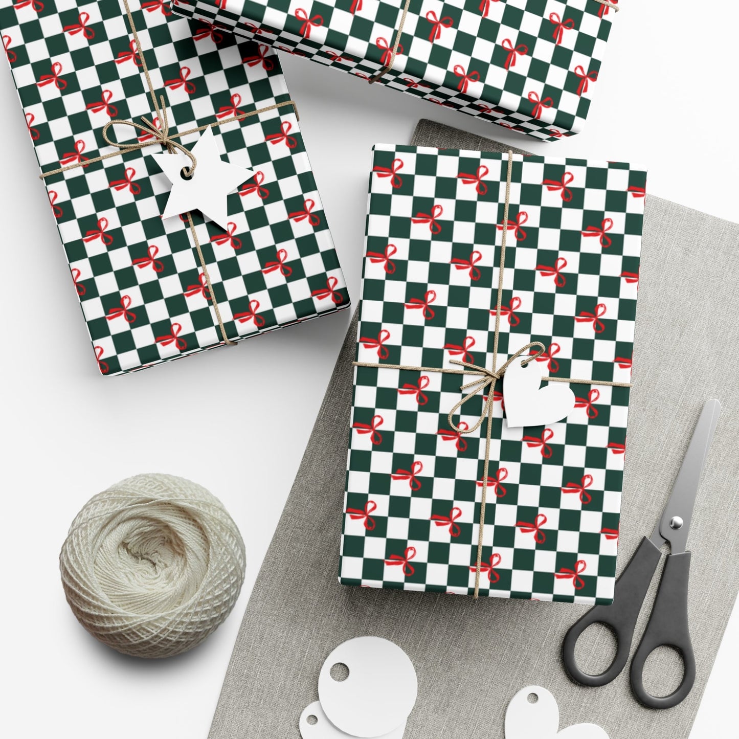 Green Checkered Red Bows Gift Wrap Papers