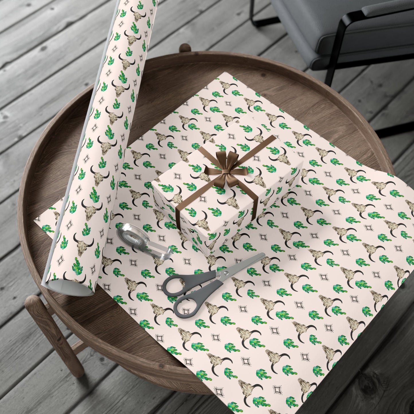 Western Steer Skull and Cactus Gift Wrap Paper