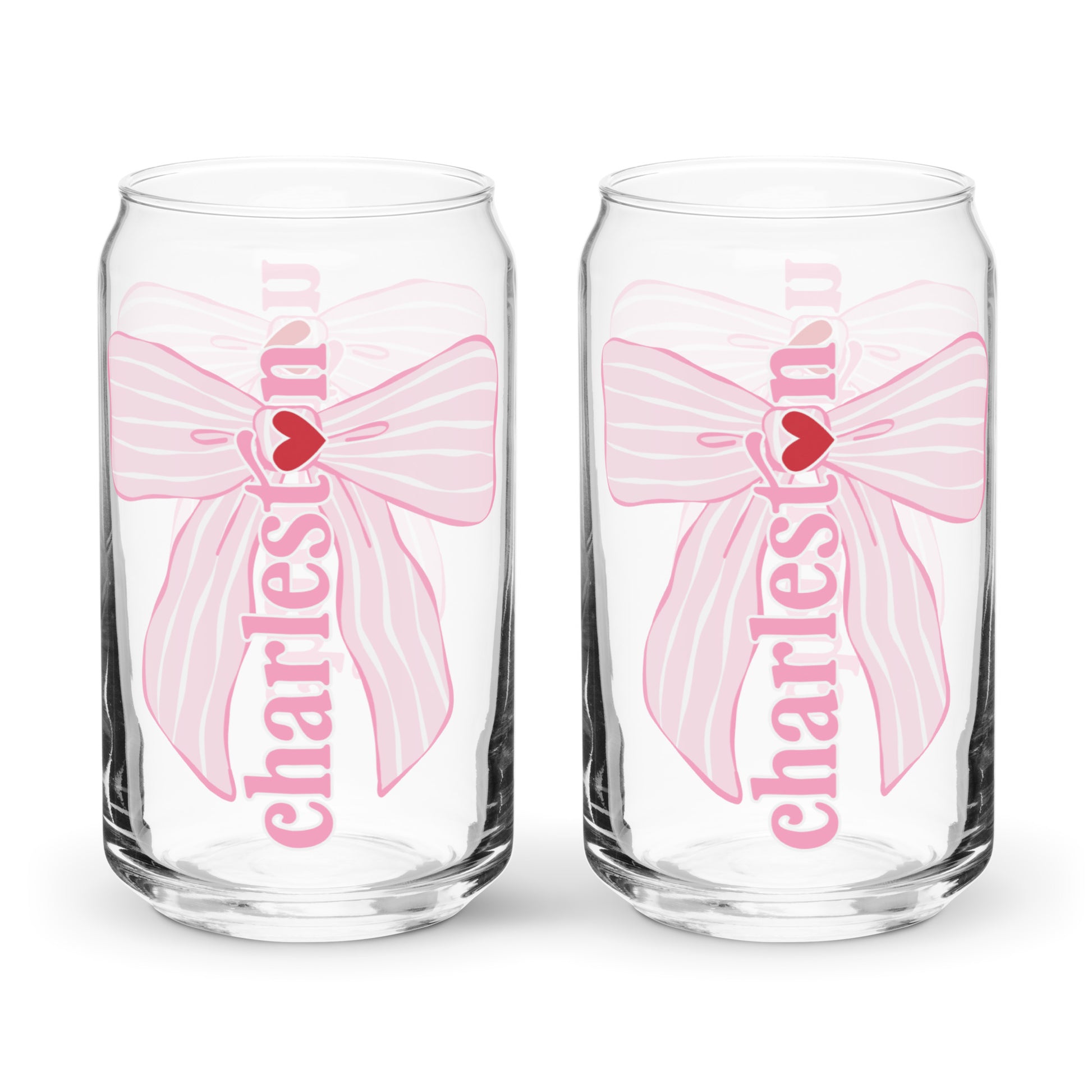 Charleston SC Pink Stripes Bow Glass Can - miles to shore