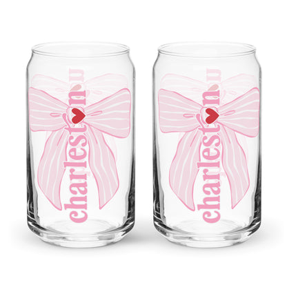 Charleston SC Pink Stripes Bow Glass Can - miles to shore