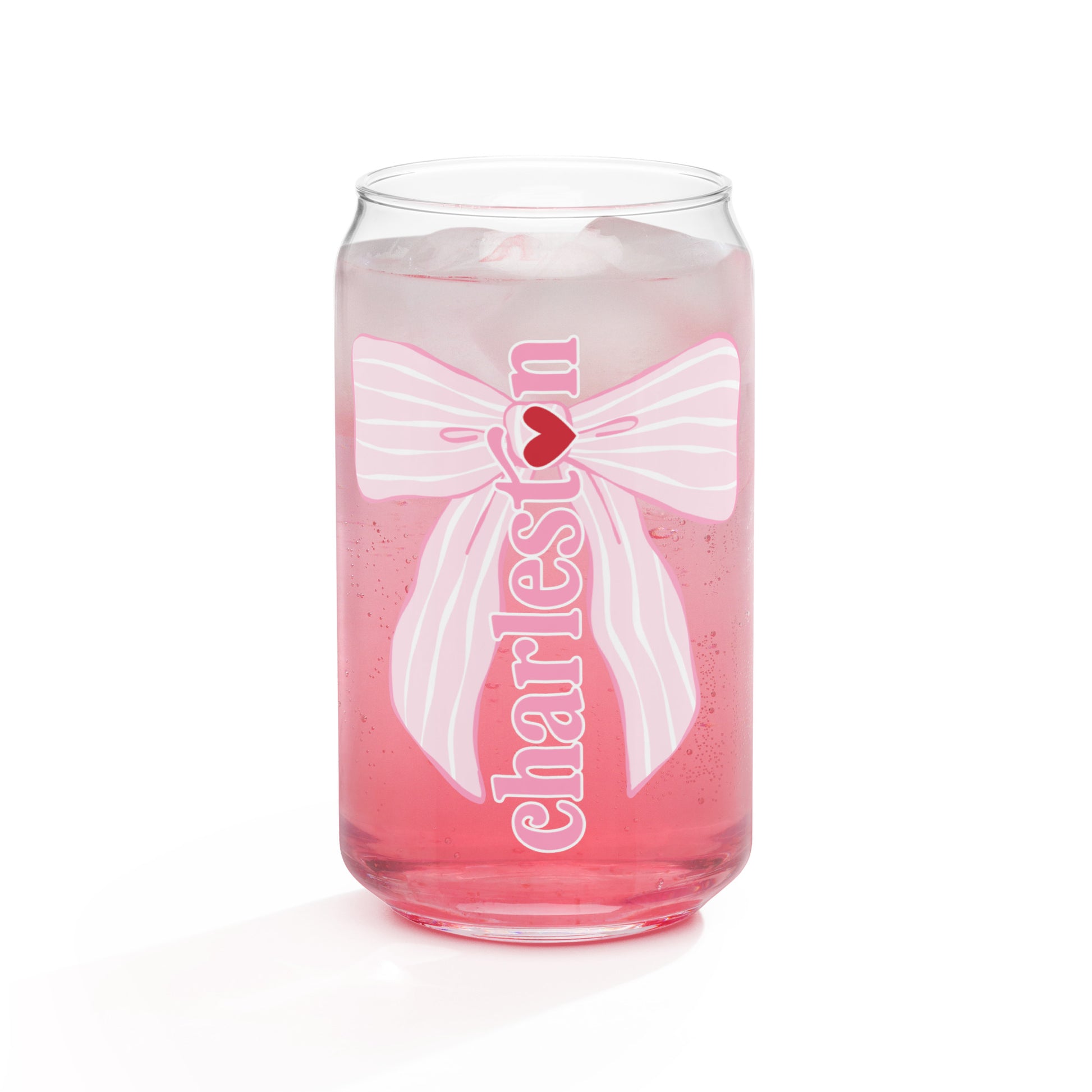 Charleston SC Pink Stripes Bow Glass Can - miles to shore