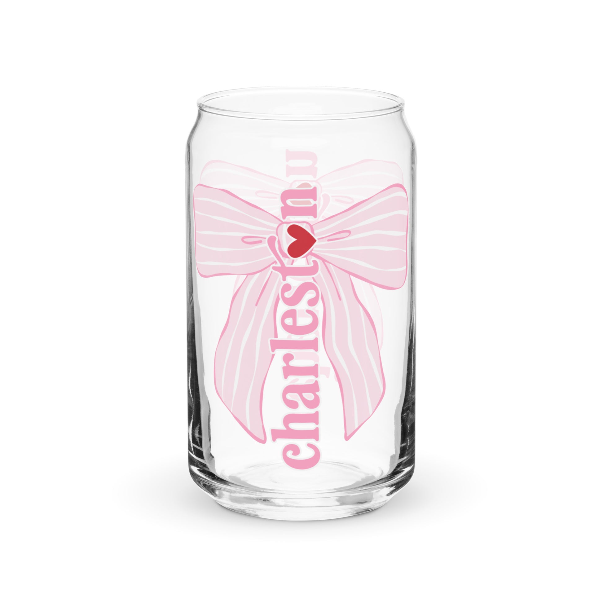 Charleston SC Pink Stripes Bow Glass Can - miles to shore