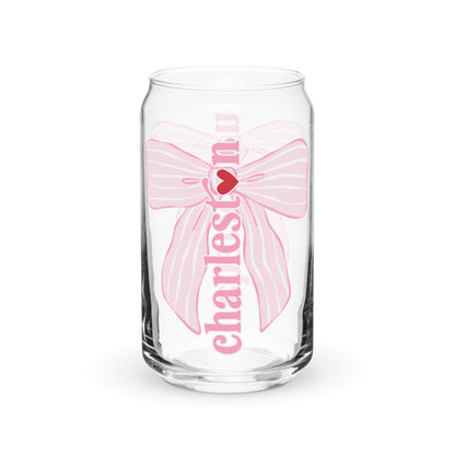 Charleston SC Pink Stripes Bow Glass Can - miles to shore