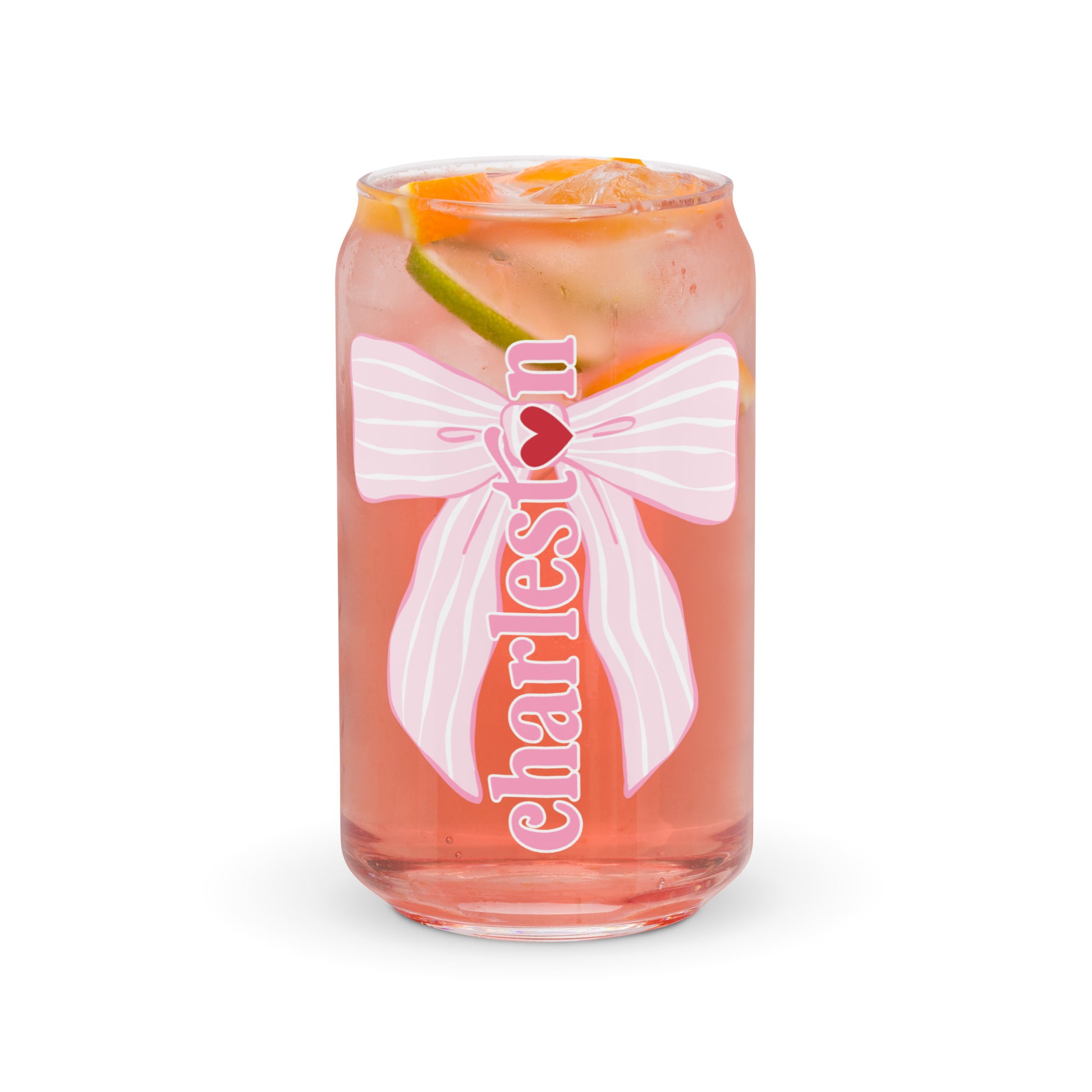 Charleston SC Pink Stripes Bow Glass Can - miles to shore