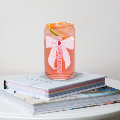 Charleston SC Pink Stripes Bow Glass Can - miles to shore