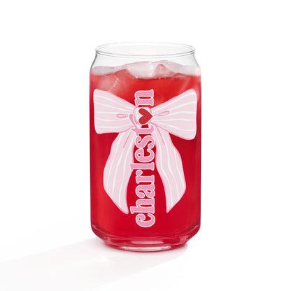 Charleston SC Pink Stripes Bow Glass Can - miles to shore