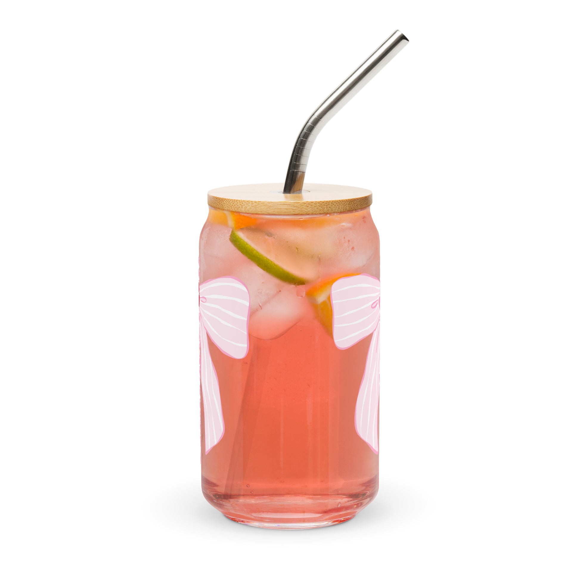 Charleston SC Pink Stripes Bow Glass Can - miles to shore