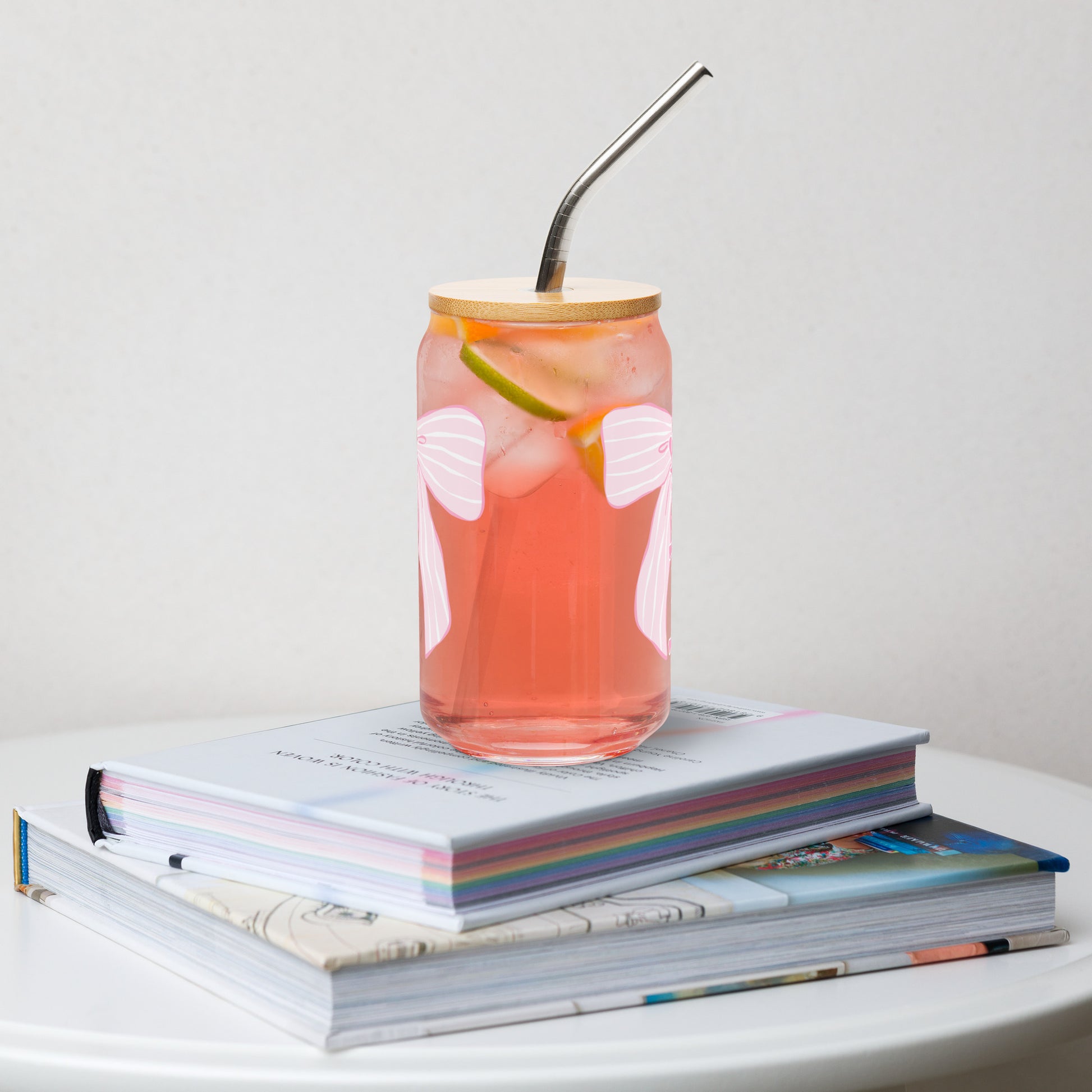 Charleston SC Pink Stripes Bow Glass Can - miles to shore