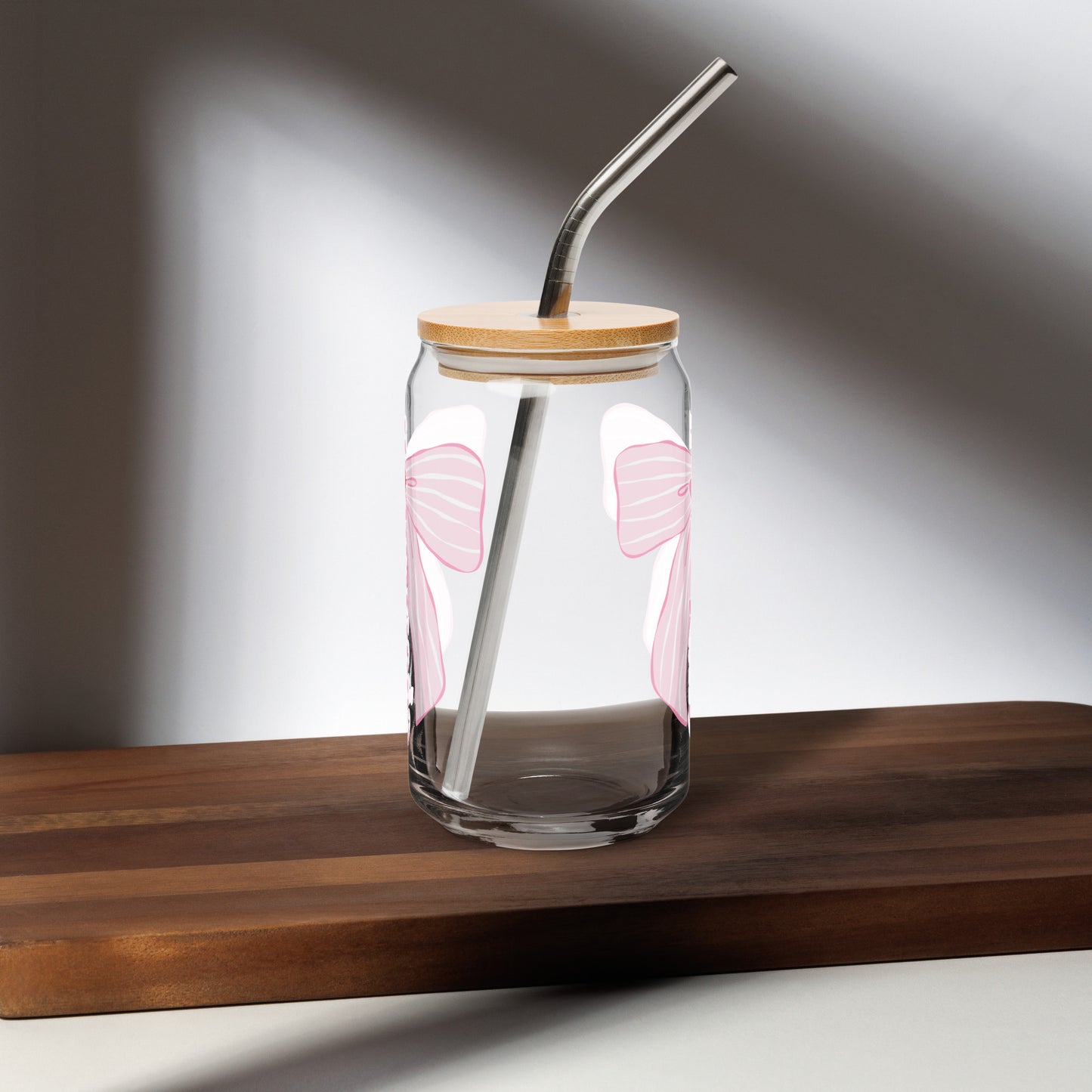 Charleston SC Pink Stripes Bow Glass Can - miles to shore