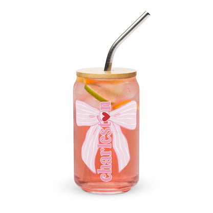 Charleston SC Pink Stripes Bow Glass Can - miles to shore