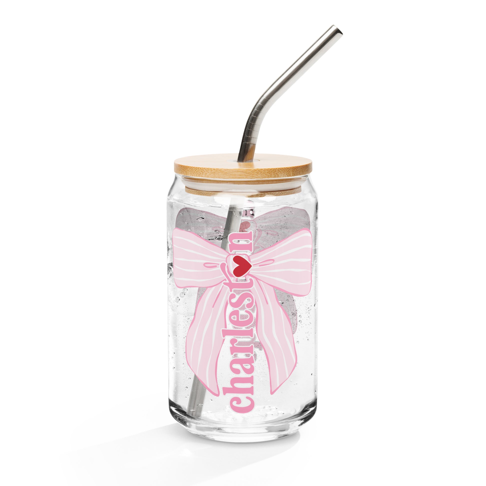 Charleston SC Pink Stripes Bow Glass Can - miles to shore