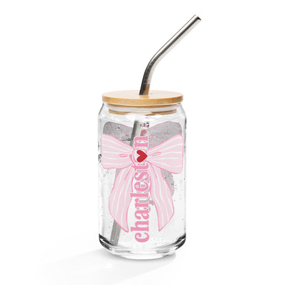 Charleston SC Pink Stripes Bow Glass Can - miles to shore